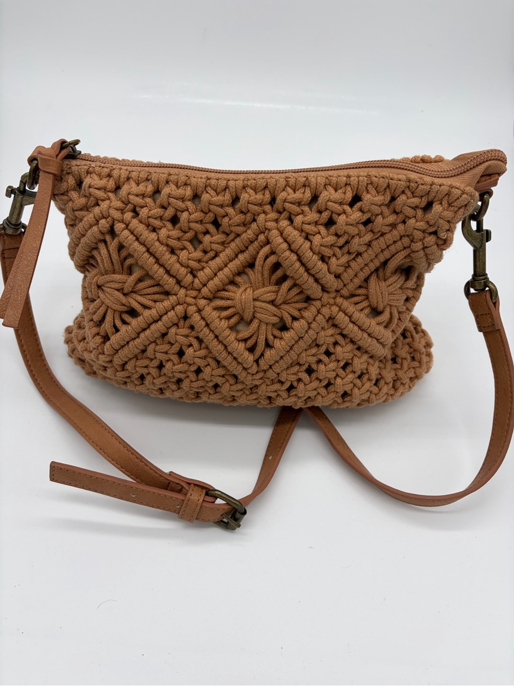 Boho Woven Crossbody Bag in Cognac Brown